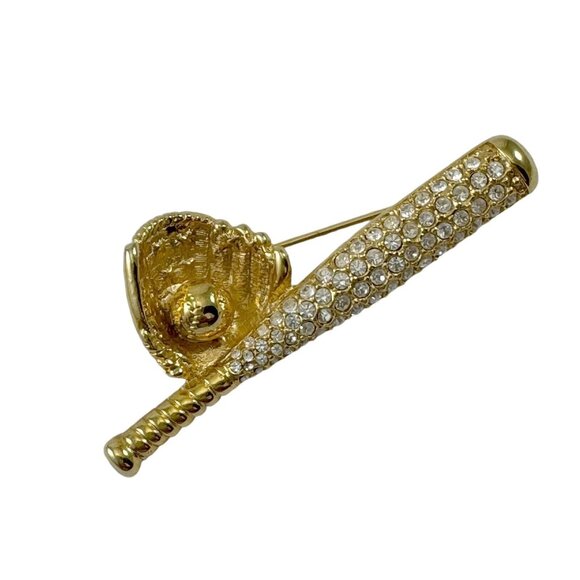 Cookie Lee Baseball Bat Glove Ball Brooch Novelty Pin Rhinestones Goldtone - Picture 1 of 6